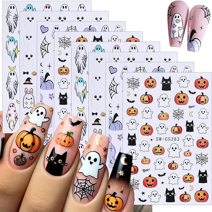 8 Sheets Halloween Nail Art Stickers Decals Cute Ghost Pumpkin Black Cat Bat Spider Web Design Nail Stickers Supply 3D Self-Adhesive Nail Decals for Halloween Party Nails Decoration DIY Manicure Tips