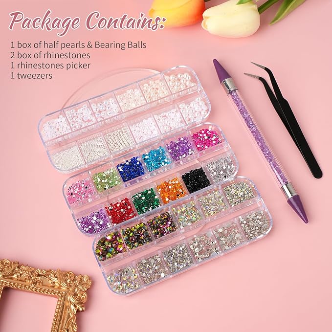 5200PCS Nail Gems and Charms, AB Crystal Nail Rhinestones with Flatback Nail Pearls, Pick Up Tweezers, Rhinestone Picker Tool, Flat Back Nail Gems for Nail Art, Clothes, Face, Craft