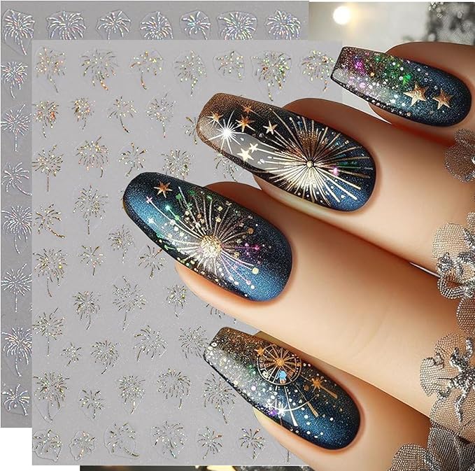 6Sheets Firework Nail Stickers Decal Aurora Fireworks Nail Art Stickers, 3D Self-Adhesive Romantic Starry Sky Sparkling Fireworks Manicure Supplies for Women DIY Holiday Manicure Decoration