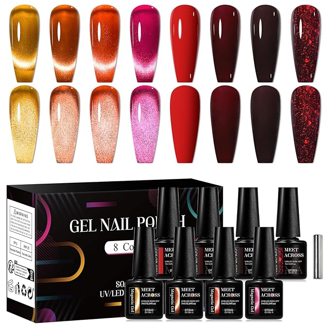 MEET ACROSS 8pcs Gel Nail Polish Set, Soak off UV LED Lamp Gel Nail Polish Cat Eye Set Home Gel Manicure Kit 7ml (Cat Eye + color Gel-1)