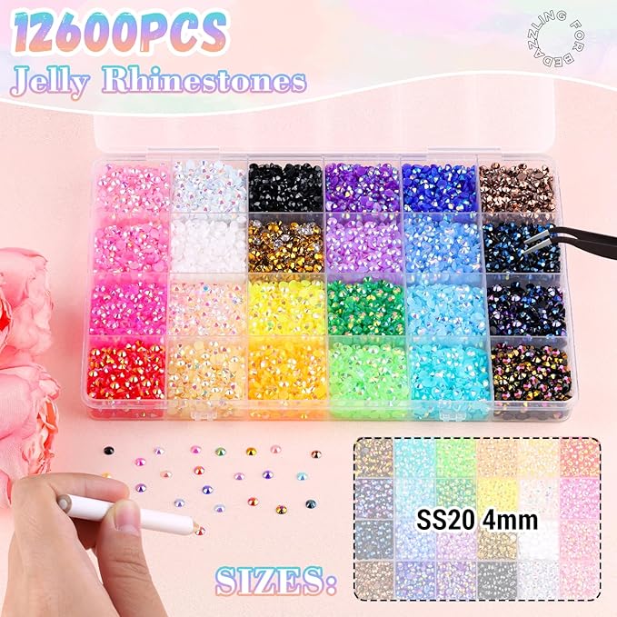 12600Pcs Resin Rhinestones for Bedazzling with B7000 Jewelry Glue, Colorful 4mm Non Hotfix Flatback Gems, Rhinestones for Crafting DIY Crafts Clothing Tumblers Mugs Shoes Fabric Decor Nail Art