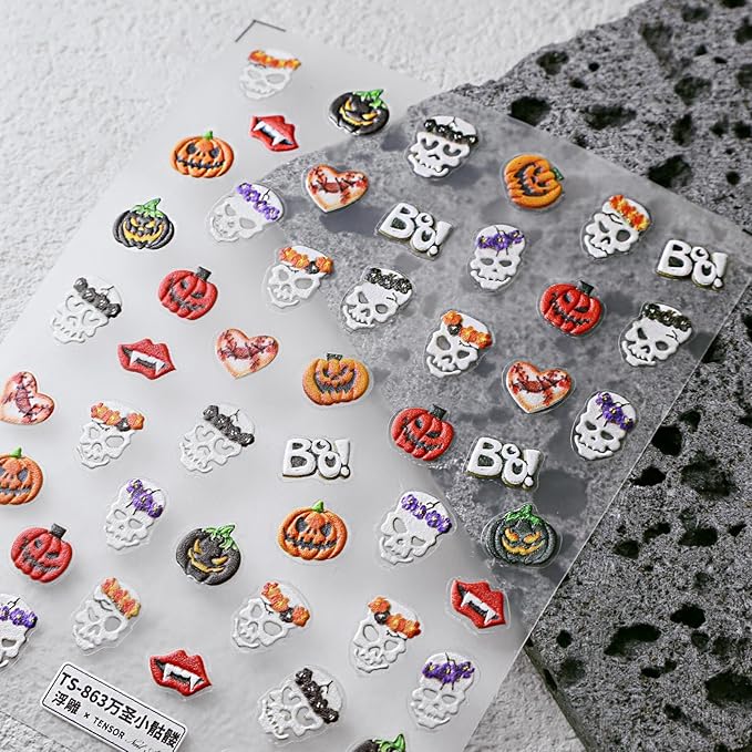 Halloween Nail Stickers for Nail Art - Skull Nail Art Sticker Halloween Pumpkin Skull 5D Embossed Nail Decals Self-Adhesive Nails Supply Manicure Stickers for Nails Decoration