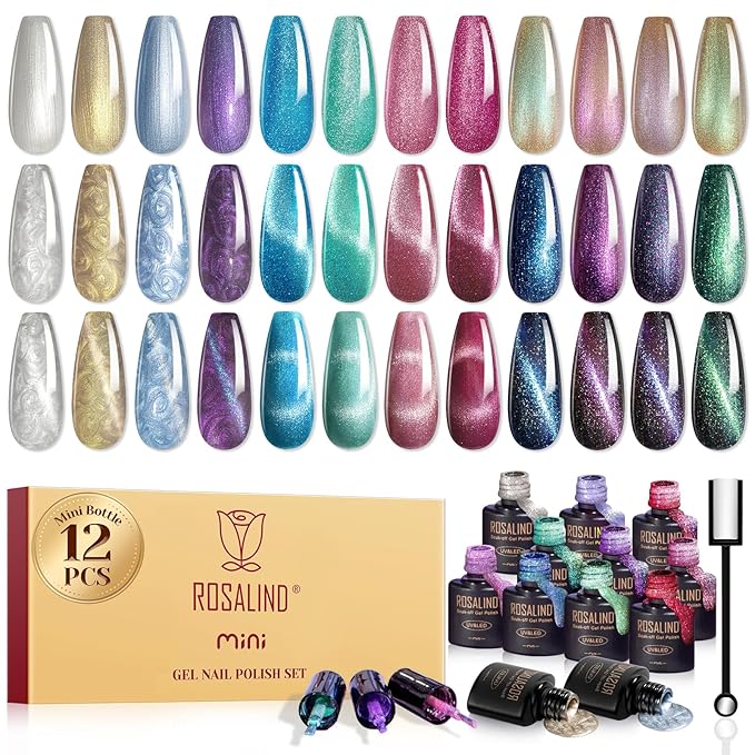 ROSALIND Cat Eye Gel Nail Polish Set with Magnet, 12 PCS Holographic Glitter Purple Blue Red Gel Polish Magnetic and Swirl Shell Thread Effect Sparkle Gel Polish Gifts for Women