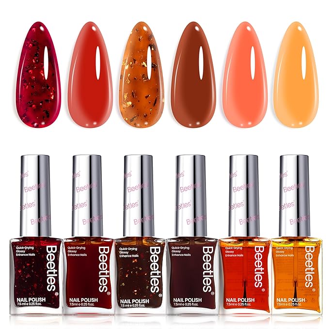 Beetles Fall Nail Polish Set - Golden Harvest 6 Colors Quick Drying Long-Lasting Burgundy Brown Red Jelly Glitter Christmas Nail Polish for DIY At-Home Manicure Christmas Gift for Women