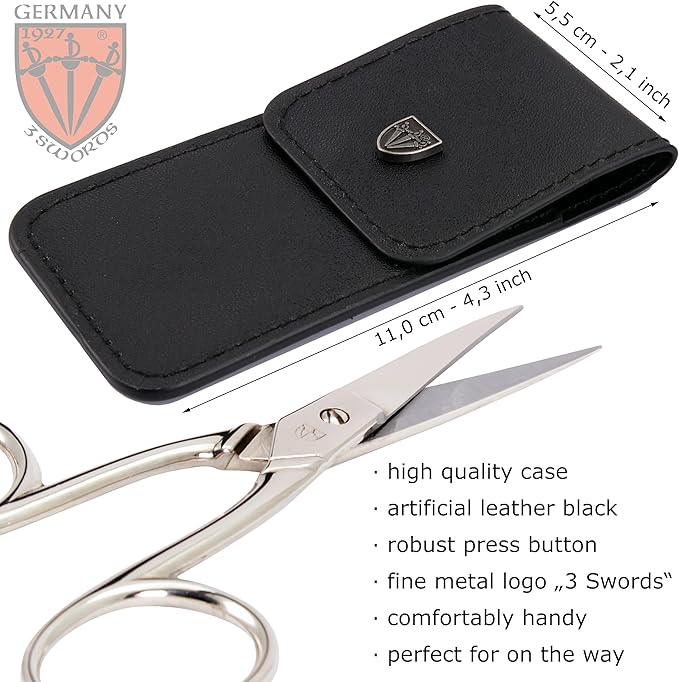 3 Swords Germany - Embroidery Scissors, Shears for Art Work, Daily Use in Household, Sewing, Art Work, Craft with black Synthetic Leather case
