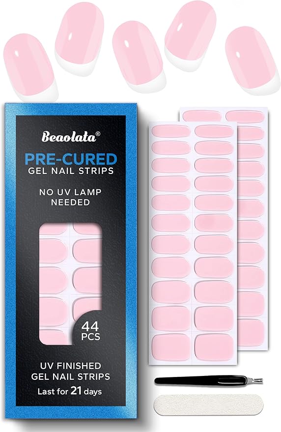 Pre Cured Gel Nail Strips - 44PCS Salon Quality Gel Nail Stickers - Long Lasting Polish Wraps for Women no UV Light Needed Easy Apply& Remove (Nordic Pink）