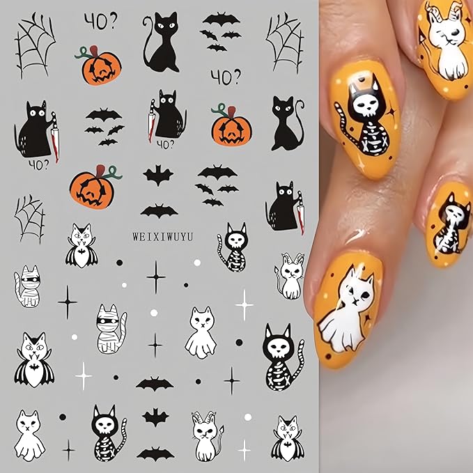 6 Pcs Halloween Nail Art Stickers Cute Ghost Pumpkin 3D Self-Adhesive Nail Decals Scary Bat Black Cat Spider Web Pattern Nail Decals for Women Girls DIY Nail Designs Supplies for Halloween Party