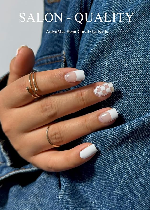 Semi Cured Gel Nail Strips (White Checkered), French, 20 Pcs Gel Nail Wraps, Stickers, UV Light Required, Salon Quality, Long Lasting