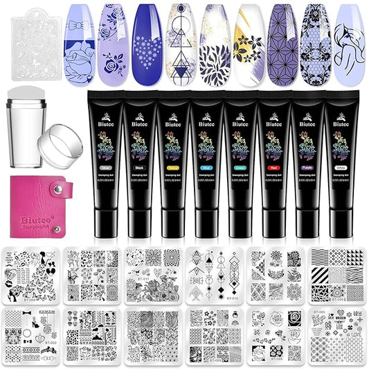 Biutee Nail Stamper Kit 12Pcs Nail Stamping Plate 8Pcs Stamping Gel Polish Nail Stamping Kit with Silicone Stamper Scraper Storage Bag Lace Plaid Stamp Template Halloween Christmas Gift for Women