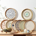 Round Rattan Tray with Mother of Pearl Inlay, Rattan Serving Tray with Wooden - Image 5