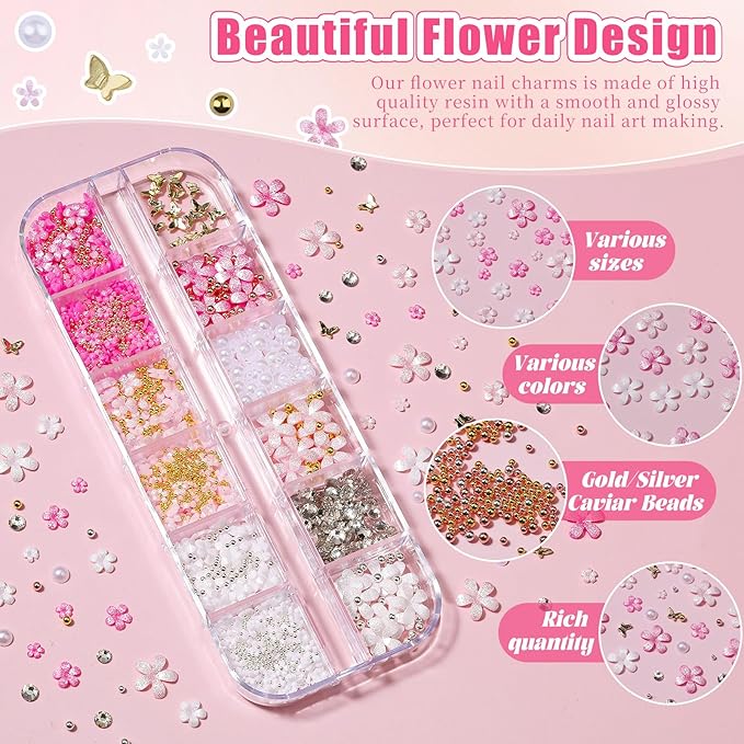 3D Flower Nail Charms and Gems with Nail Beads & Butterfly - Rose/White/Pink Flowers + Gold/Silver Caviar Beads + White Rhinestones Half Pearls + Metal Gold Butterfly for DIY Nails (3-S1-Glitter)