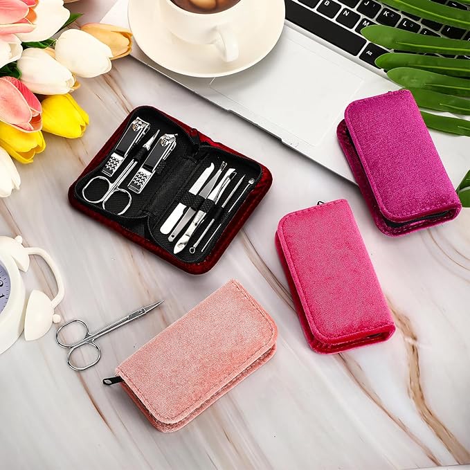 Coume 24 Sets Manicure Set Bulk Rad Tech 8 in 1 Nail Clippers Kit Luxurious Travel Case Stainless Steel Nails Care Tool Office Gift for Coworker Nurse Practitioner Week Christmas(Red Series)