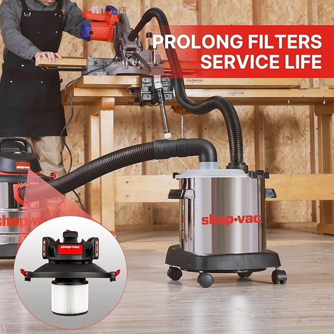 Shop-Vac Dust Collector with 5 Gallon Stainless Steel Tank, Movable Bucket for Woodworking, Easy Disposal of Dust & Debris, Prolong Filters Life, Elbow Fittings, 2-1/2" Hose and Filter Included
