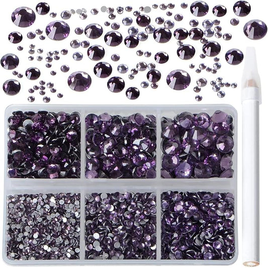 Bymitel 5000 Pieces 6 Mixed Sizes Glue Fix on Glass Rhinestones Round Crystal Gems Flatback for DIY Jewelry Making with one Picking Pen(6-Sizes 5000PCS, Tazanite)