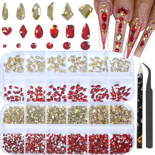 HNUIX Nail Rhinestones for Nails - 3D Multi Shapes, Flat Back, Small Nail Gems, Champagne Gold & Red Nail Diamonds, with Kit, for Nail Art, DIY Decor