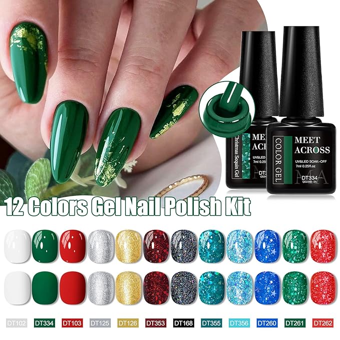 MEET ACROSS 12PCS Gel Nail Polish Set, 12 Colors Gel Nail Kit Art Design Soak Off UV LED,Nail Art Design Gifts for Women (Red Green, 12PCS)