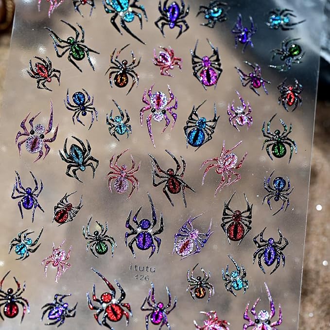 5D Spider Halloween Nail Stickers for Nail Art 3D Glitter Spider Web Nail Decals 1 Sheets Colorful Relief Spider Nail Art Designs Festive Embossed Adhesive Sliders Decal DIY Manicure Decor for Women