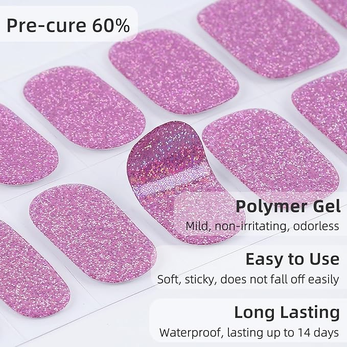 28pcs Semi Cured Gel Nail Strips (Antique Pink Glitter), Gel Nail Stickers Work with Any UV Lamps, Long Lasting Nails Wraps for Women