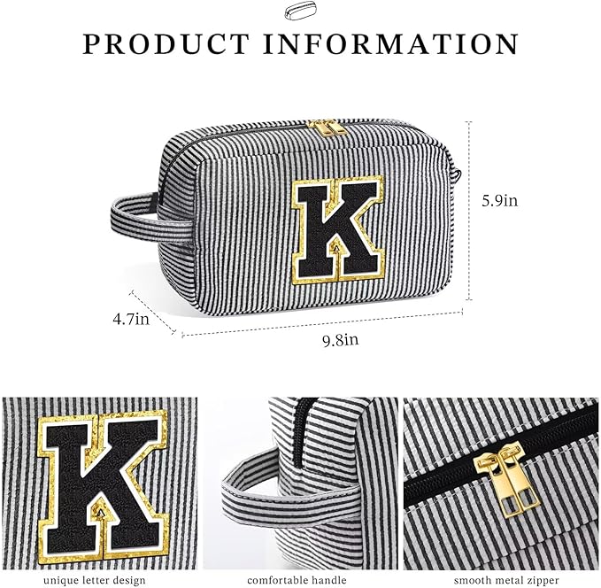 YOOLIFE Birthday Gifts for 4 5 6 7 8 9 10 11 12 13 14 15 16 Year Old Girl Gifts, Gifts for Women Teen Girls Kids Her Daughter, Monogram Initial Girls Makeup Bag, Black Letter K