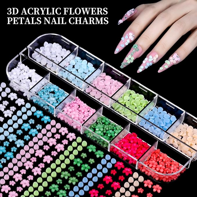 FANDAMEI Nail Charms, 8-Box Nail Charms and Gems, Fruit Bow Hawaii Flowers Petals 3D Nail Art Charms Bulk, Colorful Bubble Beads Nail Rhinestones, Gold Studs Flatback Nail Pearls for DIY
