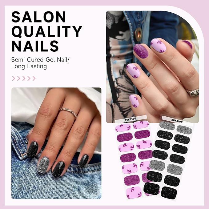 Semi Cured Gel Nail Strips 2 Set, (Glitter Black/Powder) 56 Pcs Gel Nail Wraps Stickers, Works with Any UV Lamps,Long Lasting,Salon-Quality, Easy to Apply