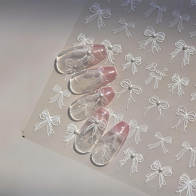 White Lace Bow Nail Art Stickers - 5D Embossed, Self-Adhesive Pearl Design, Cute Decals for Women's Manicure