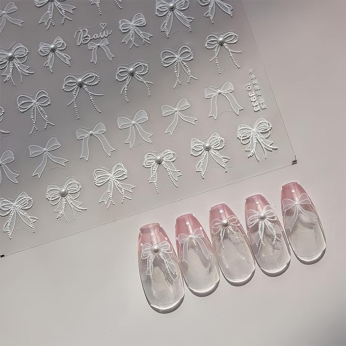 White Lace Bow Nail Art Stickers - 5D Embossed, Self-Adhesive Pearl Design, Cute Decals for Women's Manicure