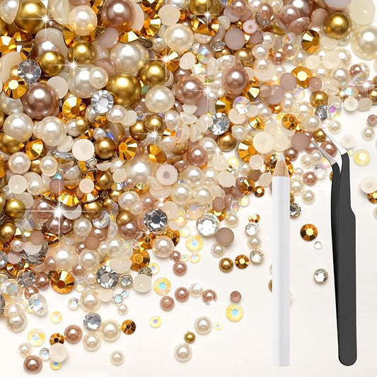 80g Mix Flatback Pearls and Rhinestones for Crafts Champagne Gold Mixed Size 2mm-10mm Half Round Pearls Rhinestones for Nail Art Tumblers Shoes DIY Bedazzling with Tweezers Wax Pen