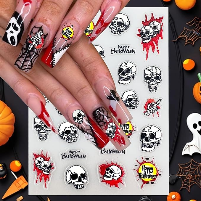 MUIIIGOOD 3 Sheet Halloween Nail Art Stickers Gradient Pumpkin, Horror Skull Ghost Mask Eyes Nail Decals, 3D Self-Adhesive Spider-Web Bat Design for DIY Nail Supplies Decoration Manicure Accessories