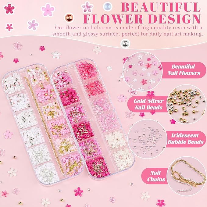 2 Boxes 3D Flower Nail Charms and Nail Beads & Bubble Beads - Rose Nail Flower Charms Pink Cherry Blossom Petal Silver/Gold Caviar Bead Mixed Sizes Glass Bubble with Nail Chain (7-S2-Mixed4)