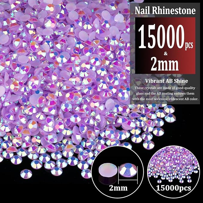 15000pcs 2mm Resin Rhinestones Bulk, Lavender Purple AB Flatback Round Jelly Rhinestones Bedazzling Non Hotfix Crystal Gems Large Quantity Wholesale for DIY Crafts Clothe Tumblers Face Makeup Manicure