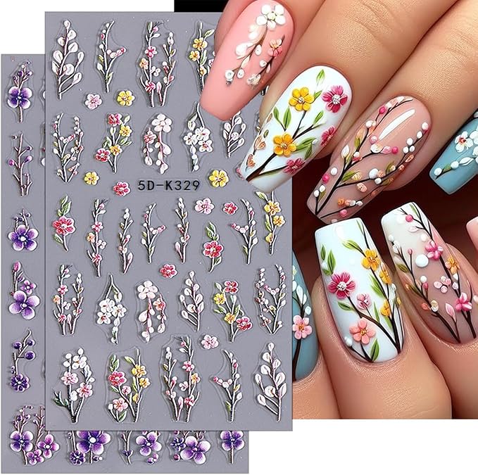 Purple Flower Nail Stickers - 5D Embossed Branch Flowers & Leaves DIY Nail Art Decals - Autumn Colorful Floral Designs for Women & Girls