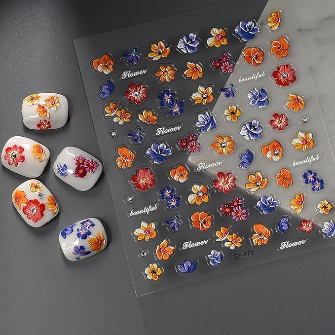Flower Nail Stickers for Nail Art - 5D Embossed Flowers Nail Art Stickers Summer Floral Petals Rhinestones Embossed Nail Decals Self-Adhesive Manicure Sliders Flower Sticker for Nails Decoration