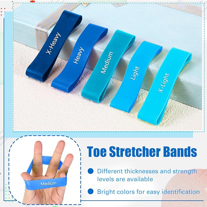 Set of 5 Toe Stretcher Bands for Bunions Correction Foot Big Toe Spacers Resistance Straightener Loop Bands with Carry Bag for Women Men Hallux Valgus Alignment Yoga Exercise(Blue)