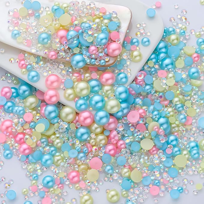 60g Cyan Citrine Pearl Rhinestones for Crafts Mixed Size 3mm-10mm AB Color Round Half Pearls Flatback Pearl Beads and Resin Rhinestones Set for Face Art with Gel