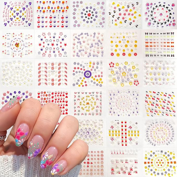 30 Sheets Flowers Nail Art Sticker Decals 3D Self-Adhesive Flower Nails Sticker for Nail Art Colorful Cute Butterfly Stars Nail Art Design Decoration Accessories for Women DIY Acrylic Nail