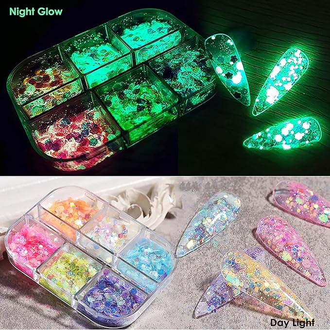 Luminous Nail Glitter Sequins Fluorescent Iridescent Mixed Hexagon Flakes Decoration Holographic 3D Glow Ultra-Thin Confetti Nails Supplies for Women Girls Manicure Tips DIY Crafts Makeup (6 Colors)