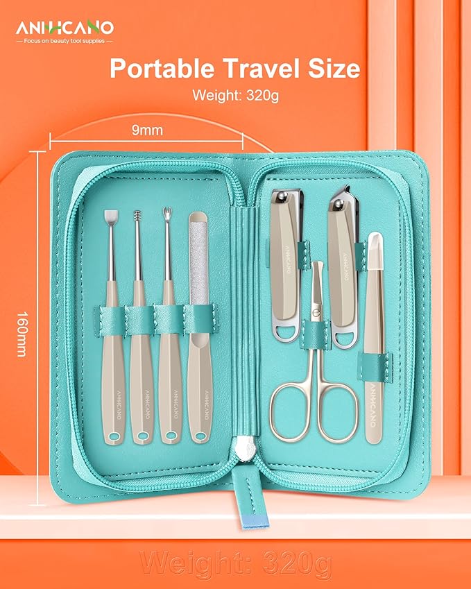 Manicure & Pedicure Kit for Men & Women, ANIHICANO 8-in-1 Premium Stainless Steel Personal Care Tools Set with PU Leather Case, Travel-Friendly for Home & Professional Use (Champagne)