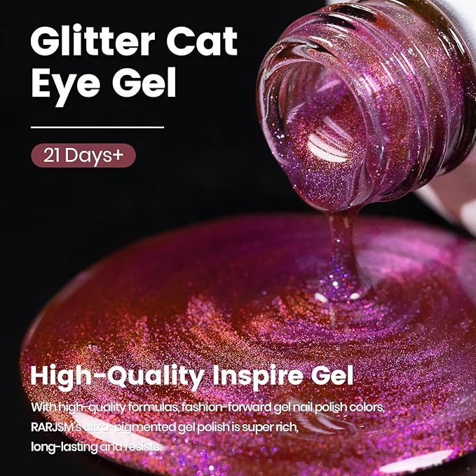 RARJSM Rose Pink Aurora Cat Eye Gel Nail Polish Multichrome Color Glitter Fuchsia Candy Glass Diamond Cat Eye Gel Polish with Magnet Stick Soak off UV LED Curing Requires Home Salon Diy Nail Art