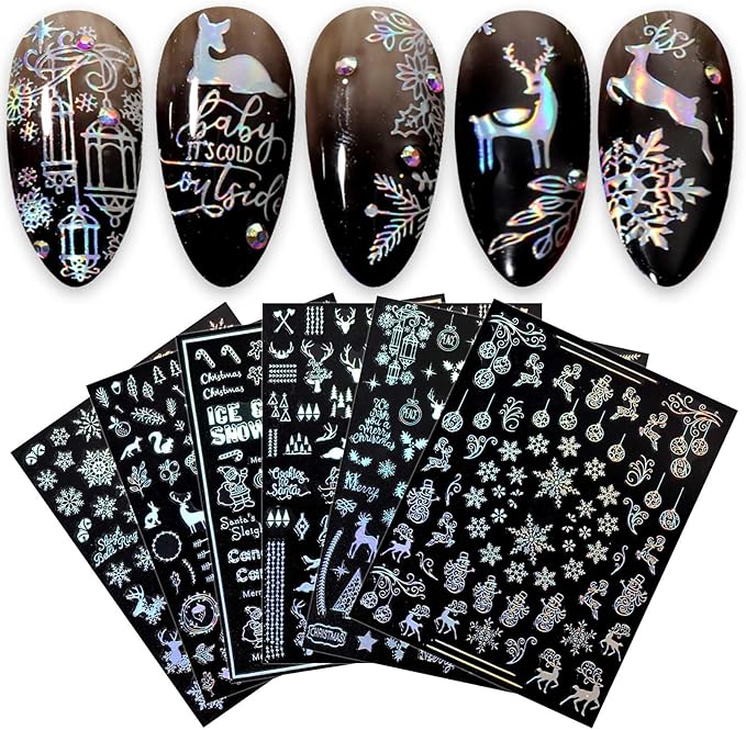 9 Sheets Aurora Christmas Nail Art Stickers Decals Self-Adhesive Pegatinas Uñas Glitter Rose Gold Snowflakes Winter Nail Supplies Nail Art Design Decoration Accessories
