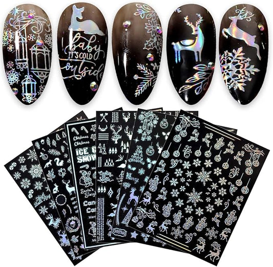 9 Sheets Aurora Christmas Nail Art Stickers Decals Self-Adhesive Pegatinas Uñas Glitter Rose Gold Snowflakes Winter Nail Supplies Nail Art Design Decoration Accessories