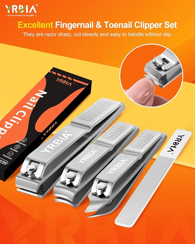 Nail Clippers with Glass Nail File, YRBIA Ultra Sharp Nail Clipper Set, Professional Stainless Steel Fingernail & Toenail Clippers Nail Cutter Set for Men & Women