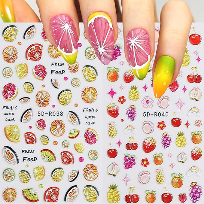 2Sheets Summer Fruit Nail Art Stickers 5D Embossed Colorful Lemon Designs Nail Decals Self-Adhesive Cute Strawberry Cherry Nail Sticker Cute Flower Star Nail Decal for Women Nails Decor Accessories