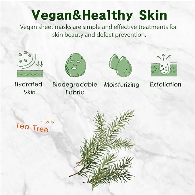 Purederm Vegan Tea Tree Sheet Masks (12 Packs) – Facial Sheet Mask for Calming & Trouble Reducing Treatment