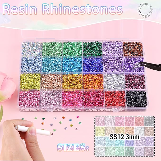 24000Pcs Resin Rhinestones for Bedazzling with B7000 Jewelry Glue, Multicolor 3mm Flatback Gems Rhinestones for Crafting, Clothing Tumblers Mugs Shoes Fabric Decor Nail Art