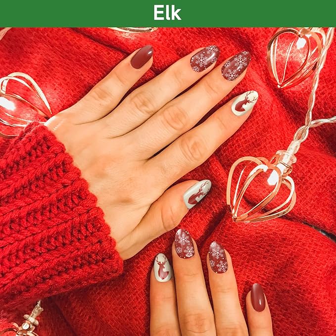 Christmas Semi Cured Gel Nail Strips, Elk | 28 pcs Gel Nail Strips Work with Any UV Lamp, Salon Quality UV Nails Stickers, Easy to Apply for Home Nails DIY