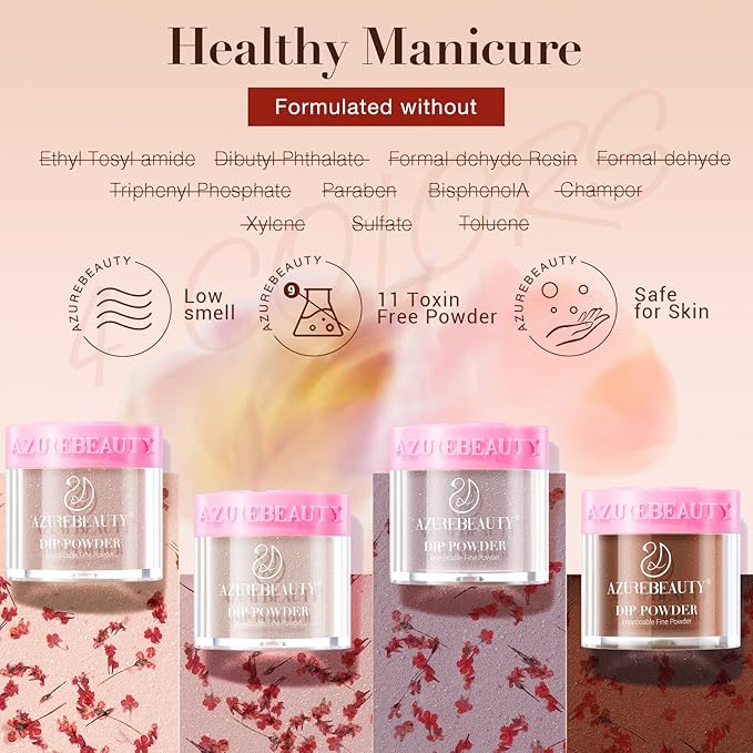 AZUREBEAUTY Dip Powder Nail Kit, 4 Colors Nude Dark Brown with Dried Flower Set, Fall Winter Natural Dipping Powder Starter Liquid Set Recycling Tray with Base & Top Coat Activator ﻿