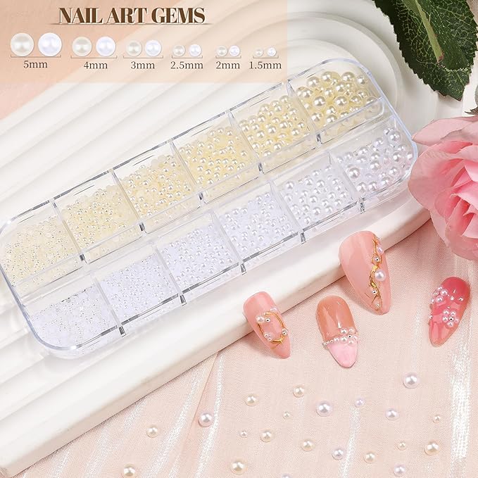 2 Boxes Sparkling Nail Pearls/Beads Kit, 1.5-5mm Beige & White Flatback Pearls and 0.8-3mm Silver & Gold Nail Caviar Beads for Women DIY Manicure Crafts (10-S2-Pearls)