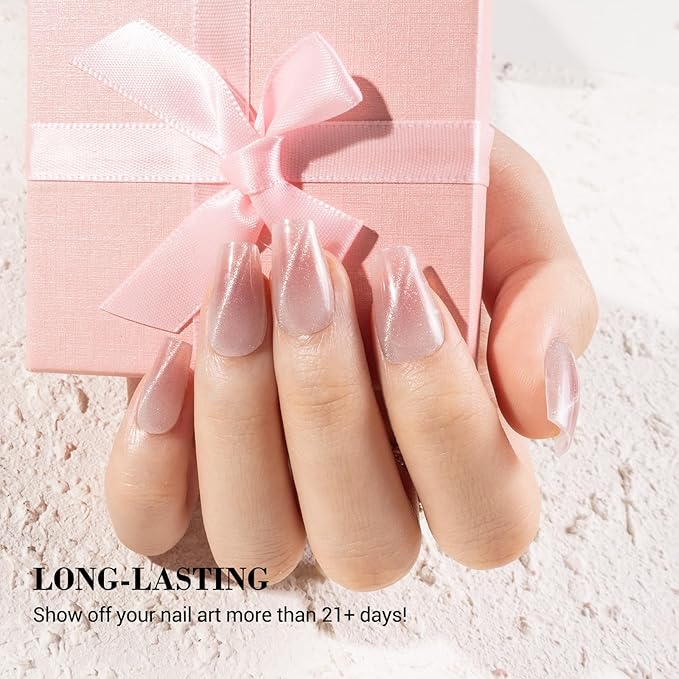 MelodySusie Semi Cured Gel Nail Strips (Blush Cat Eye)- Works with Nail lamp, Salon-Quality, Long Lasting, Easy to Apply & Remove - Includes 20Pcs, 2 Prep Pads, Nail File & Wooden Stick