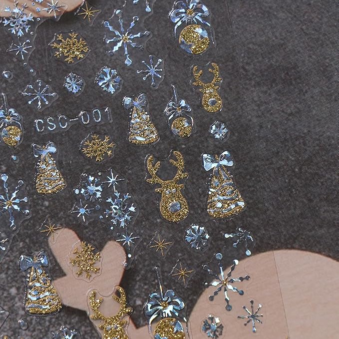 JMEOWIO 8 Sheets Christmas Gold Glitter Silver Nail Art Stickers Decals Self-Adhesive Snowflake Winter Holiday Nail Supplies Nail Art Design Decoration Accessories